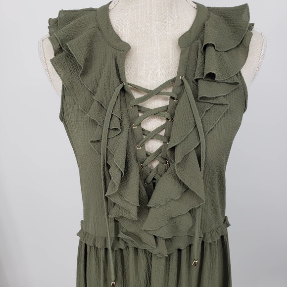 3/$25 Cupio High Low Dress S Ruffle Trim Lace Up V Neck A Line Green NWT - Picture 6 of 13